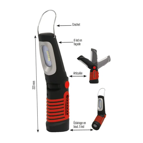Baladeuse d'atelier LED articulée rechargeable – 300 lumens – 6+5 LED SMD