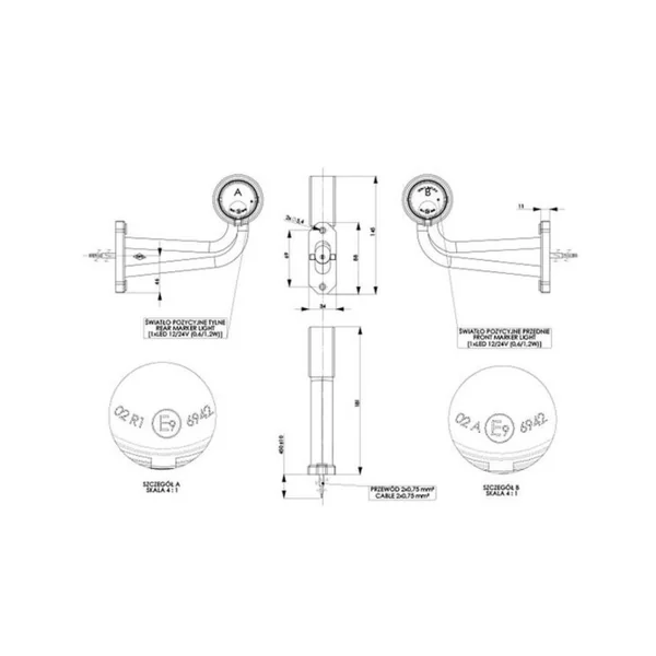 Feu de Gabarit Coudé Arrière Gauche Bicolore LED 12/24V - 180 mm - IP66/IP68