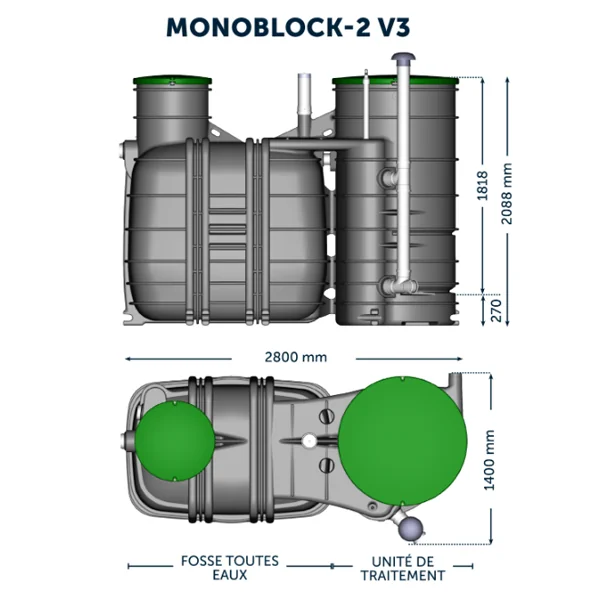 Fosse toutes eaux - Monoblock-2-4 V3 Biorock - sortie gravitaire - Capacité 4 E.H - 2000L