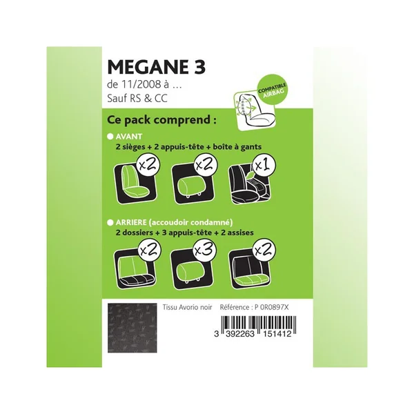 Housse sur Mesure PREMIUM pour RENAULT MEGANE 3 de 11/2008 à 12/2015