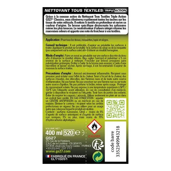 NETTOYANT TOUS TEXTILES 400 ML + 100 ML