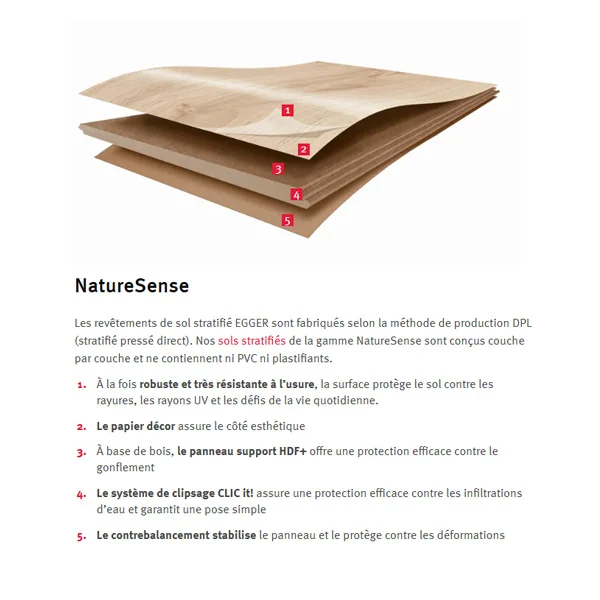 Parquet stratifié NatureSense Classic avec système CLIC it! - Egger - 193x8x1292 mm - Chêne du Nord Naturel